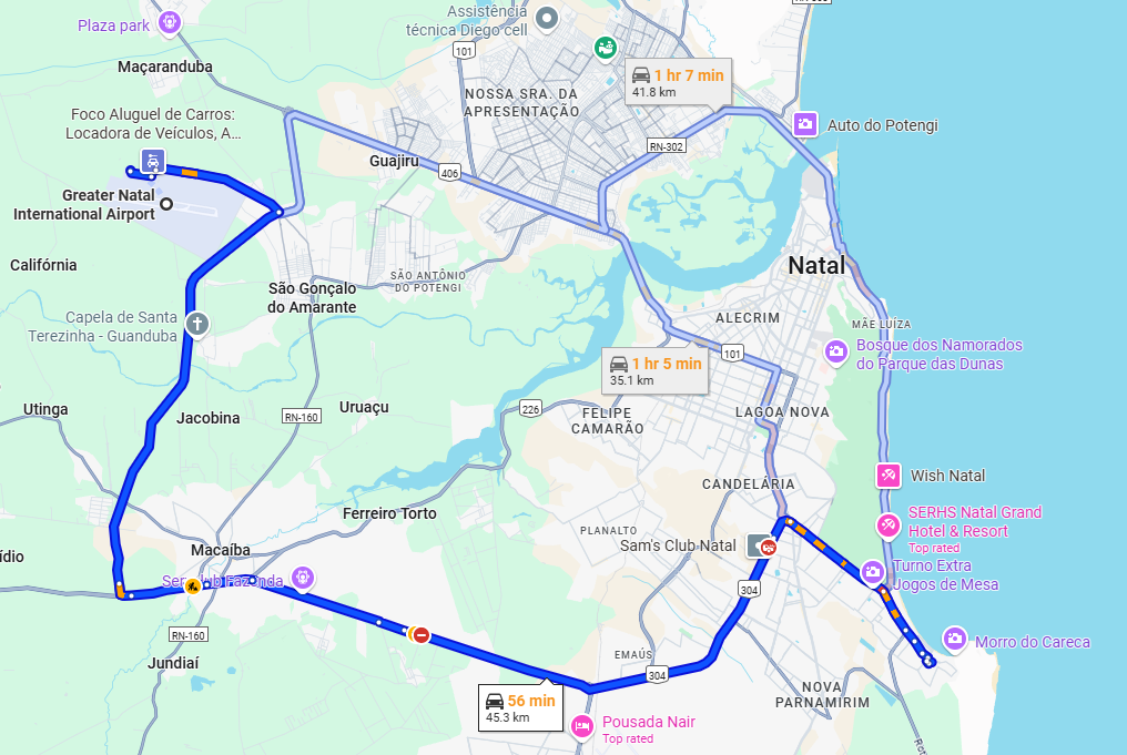 Map showing the route between Natal Airport to Ponta Negra