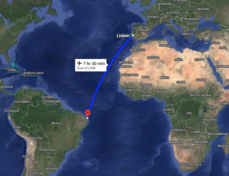 Flight Route Lisbon to Natal