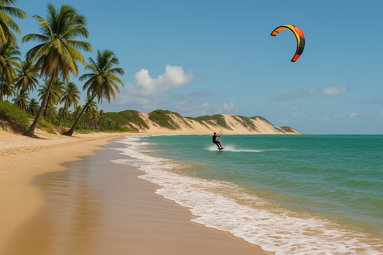 A beach in Tibau do Sul. In the background, a man practicing Kitesurfing.